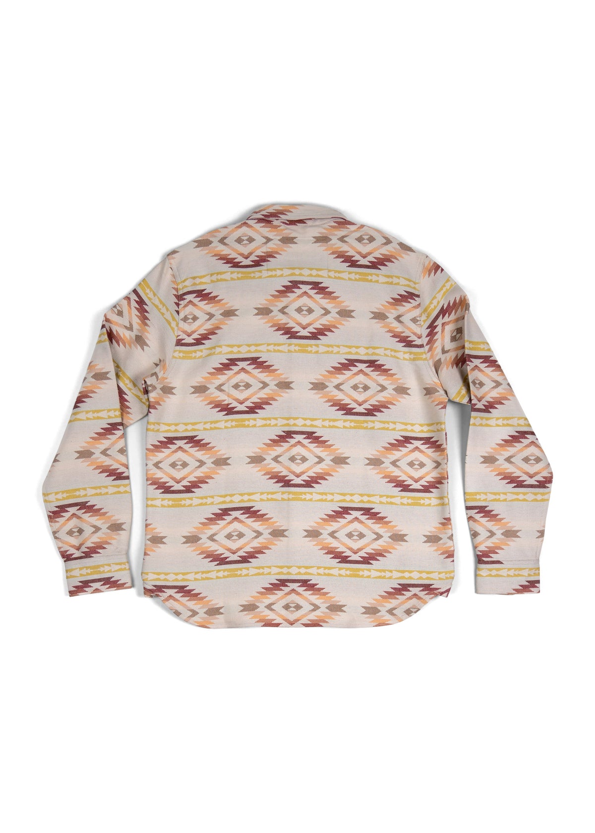 Back view of a long-sleeve shirt with a geometric pattern in earthy tones, featuring diamond shapes and horizontal stripes.