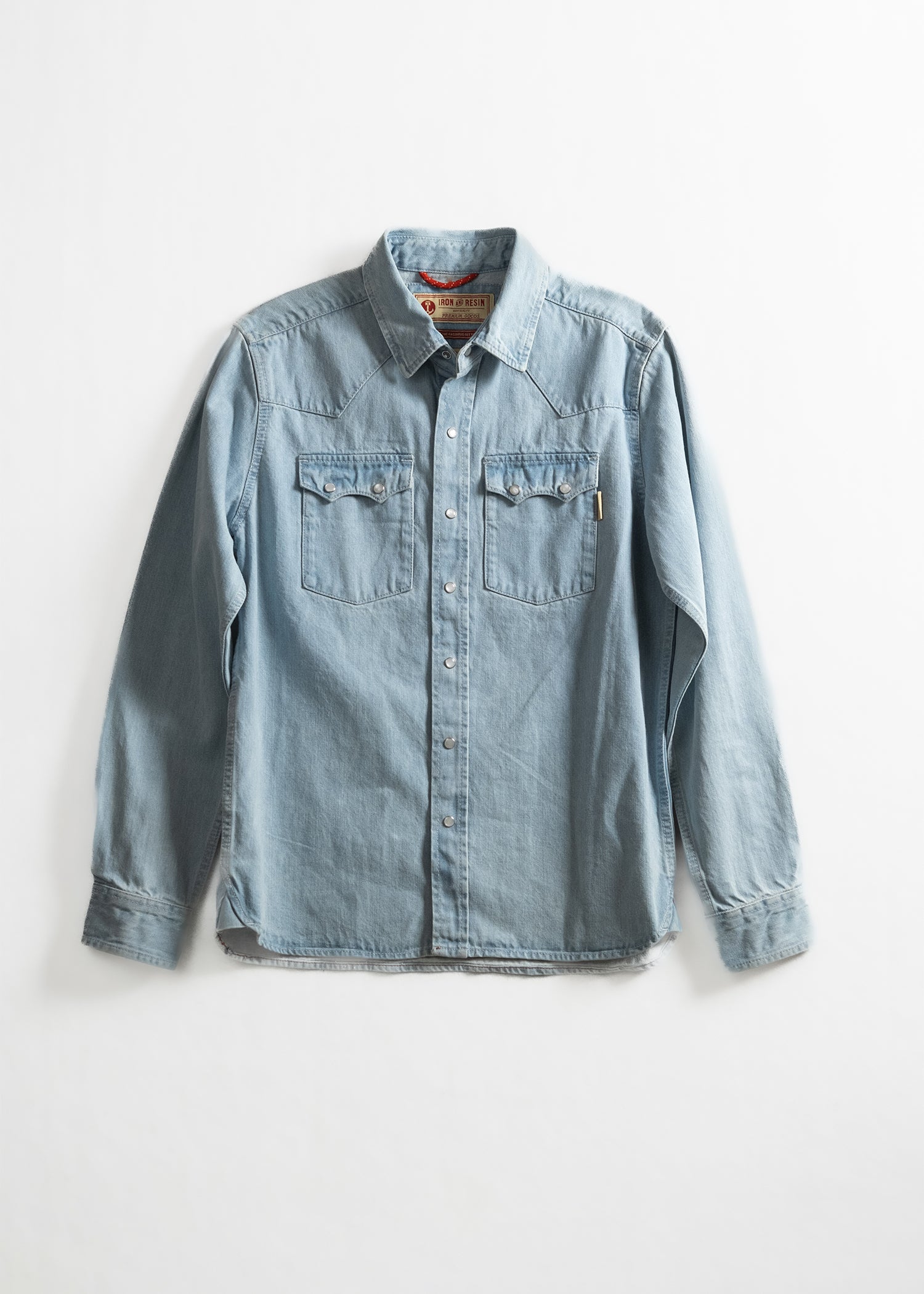 Denim Western Shirt for Men Indigo & Bleach Pearl Snap Button-Up Iron & Resin Denim Western Shirt for Men Indigo & Bleach Pearl Snap Button-Up Iron & Resin