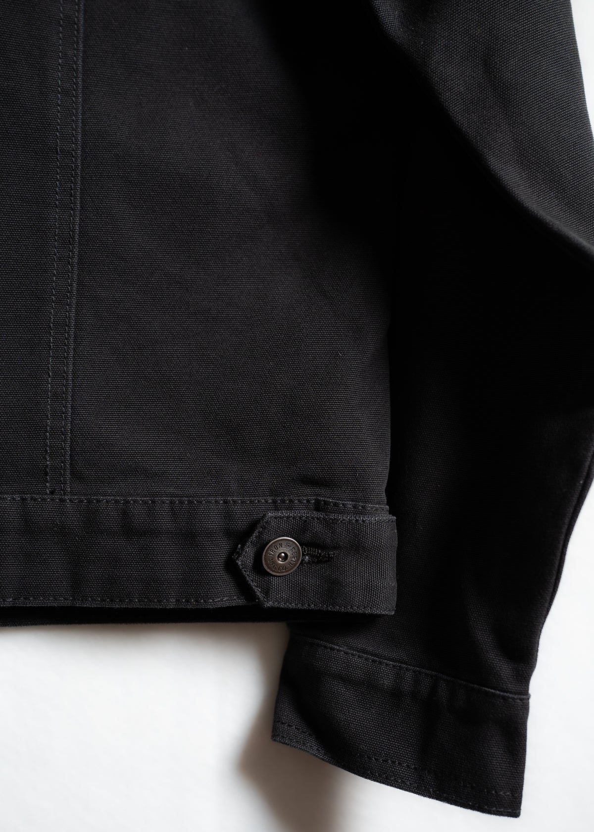 Close-up of a black jacket's hem and sleeve, showcasing a button detail on a white background.