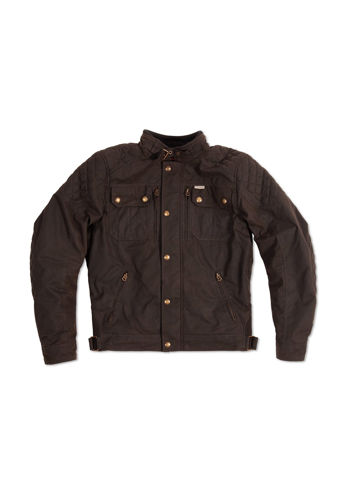 Brown waxed cotton jacket with quilted shoulders, four pockets, and brass buttons, laid flat on a white background.