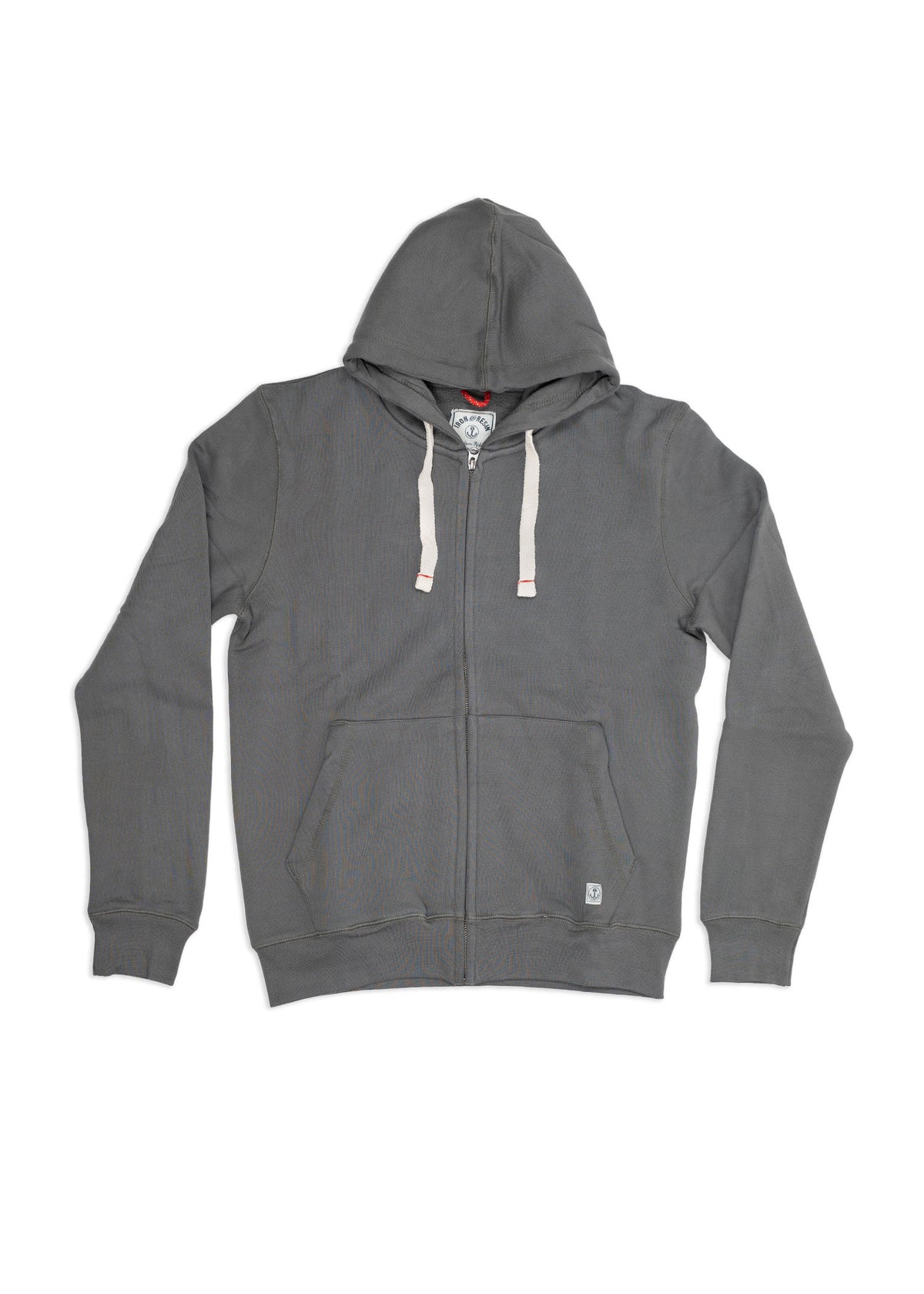 Gray zip-up hoodie with white drawstrings, front pockets, and a hood, laid flat on a white background. Casual and comfortable.