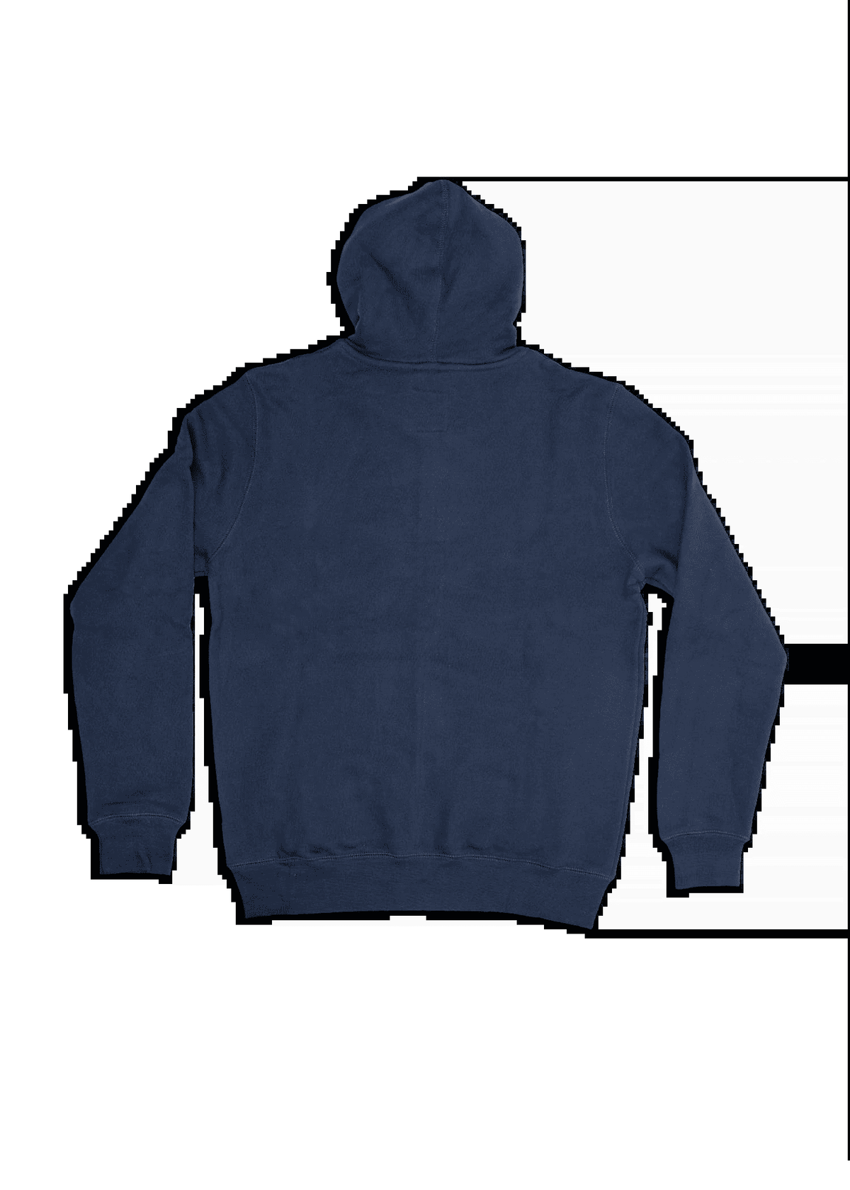 A navy blue hoodie is laid flat, showing the back with a hood and long sleeves, highlighting its casual style and simplicity.