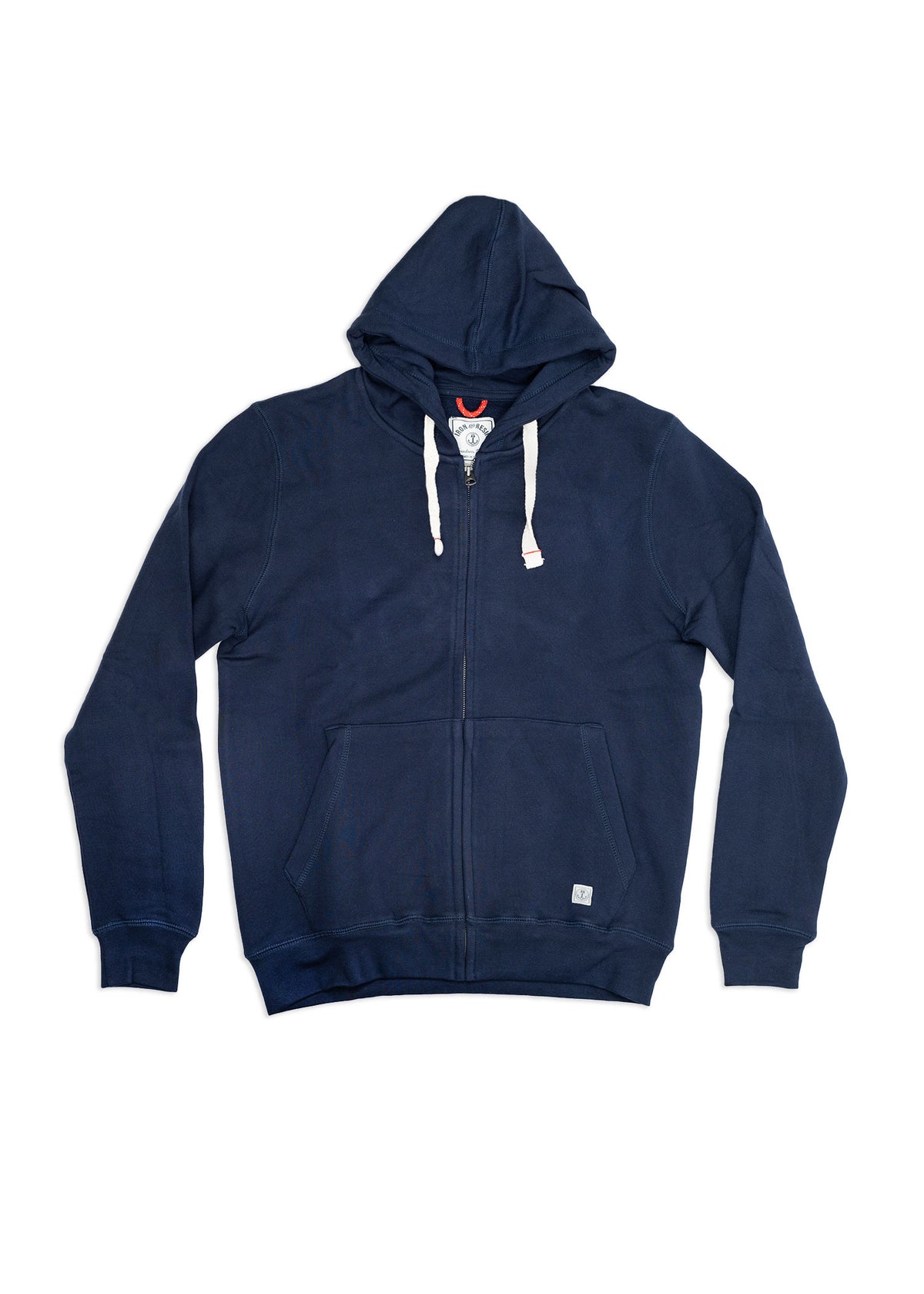 Navy blue zip-up hoodie with white drawstrings and front pockets, laid flat on a white background, showcasing casual style.