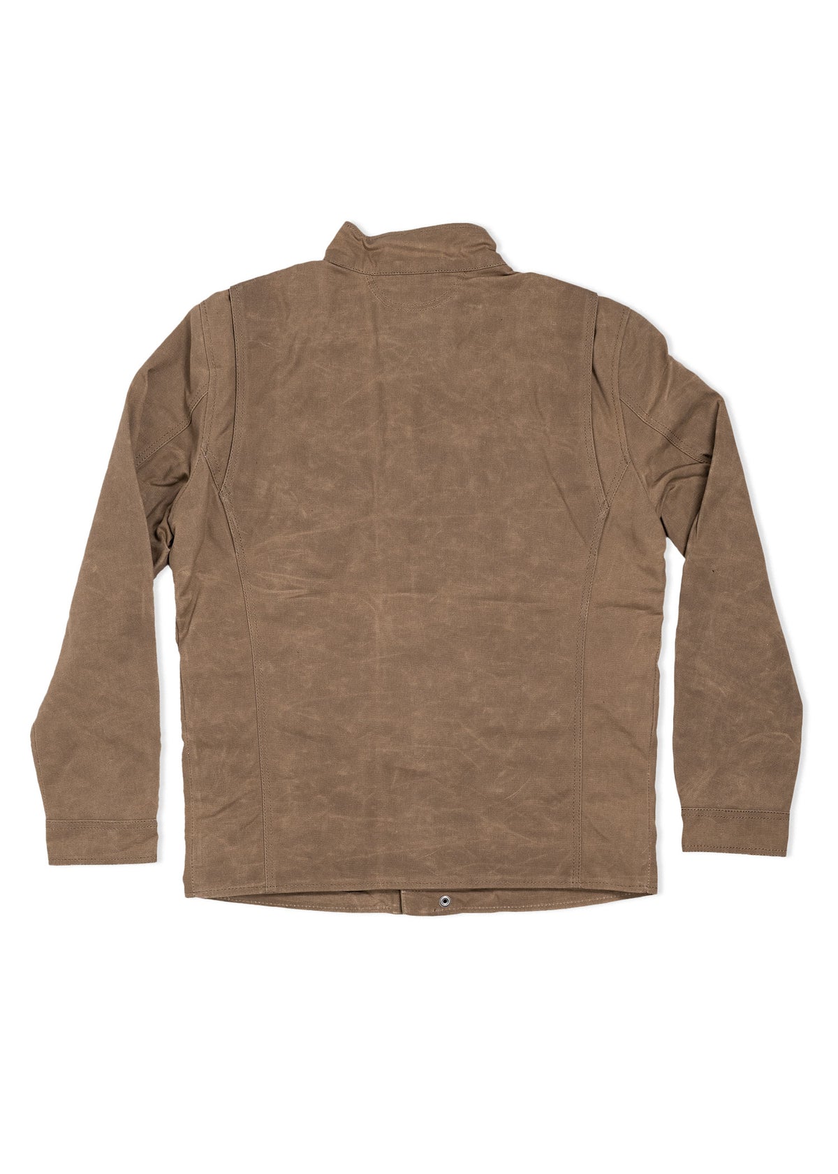 Brown jacket back view, long sleeves, collar, and button detail at the bottom. Simple, casual design on a white background.