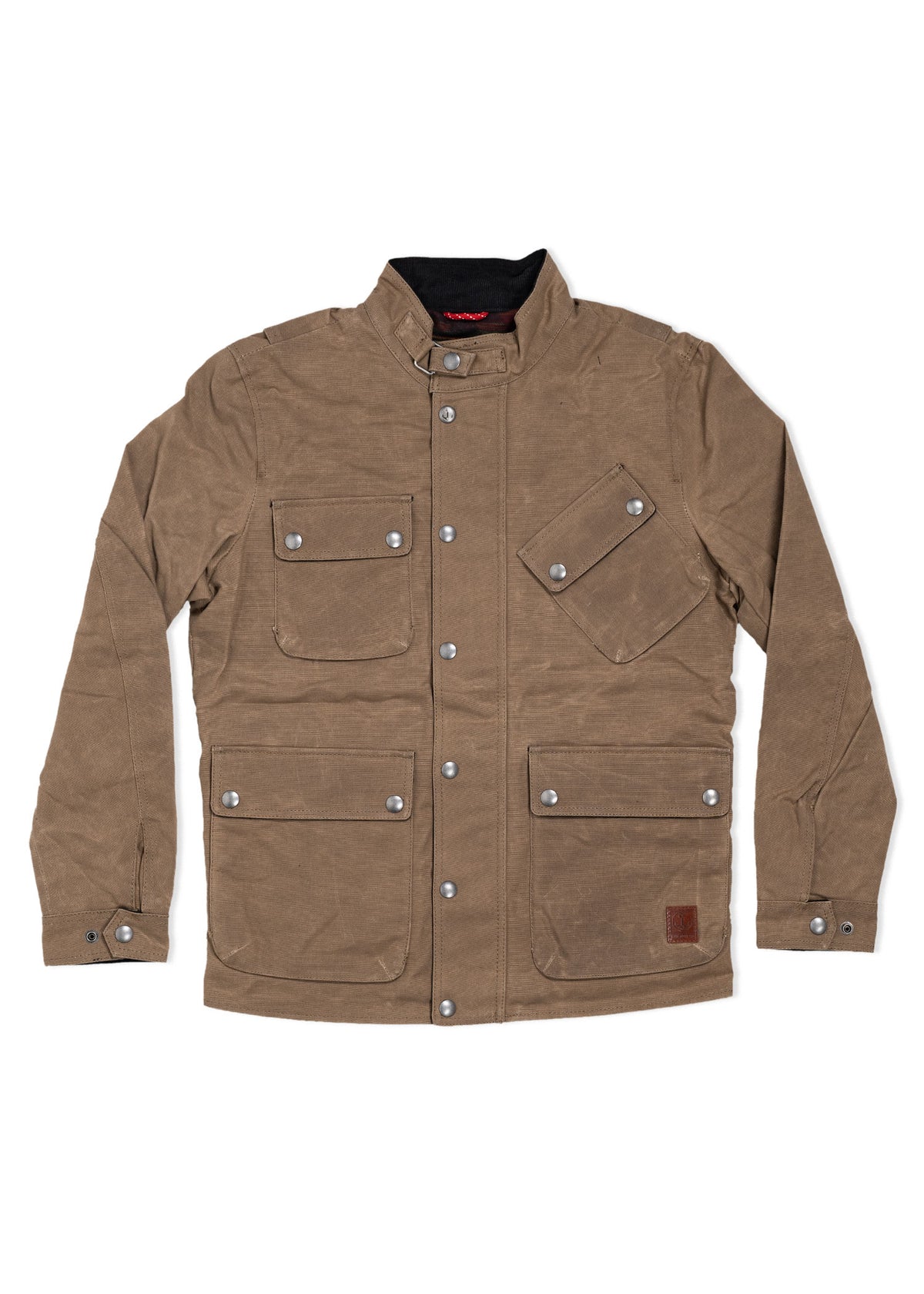 Brown waxed cotton jacket with four front pockets and silver snap buttons, featuring a high collar and rugged outdoor style.