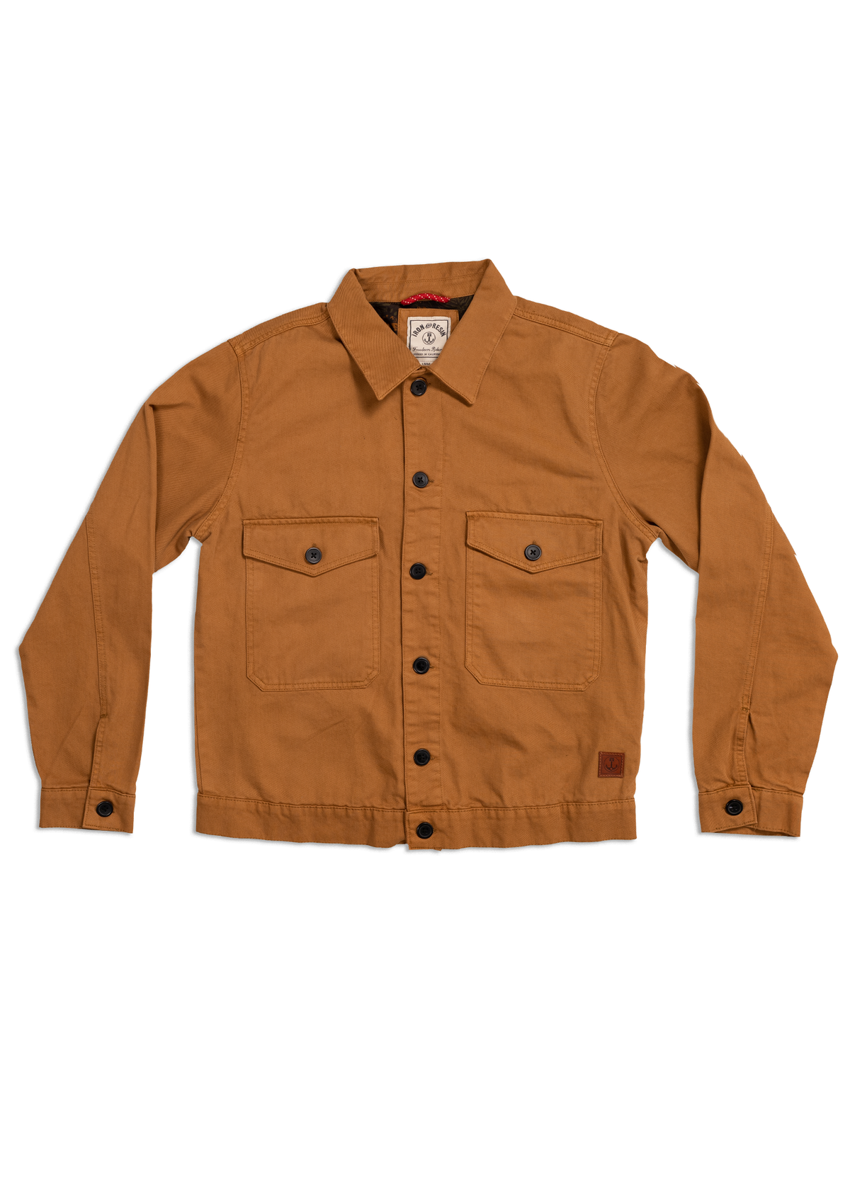 Brown canvas jacket with button front, two chest pockets, and a collar, displayed on a white background.