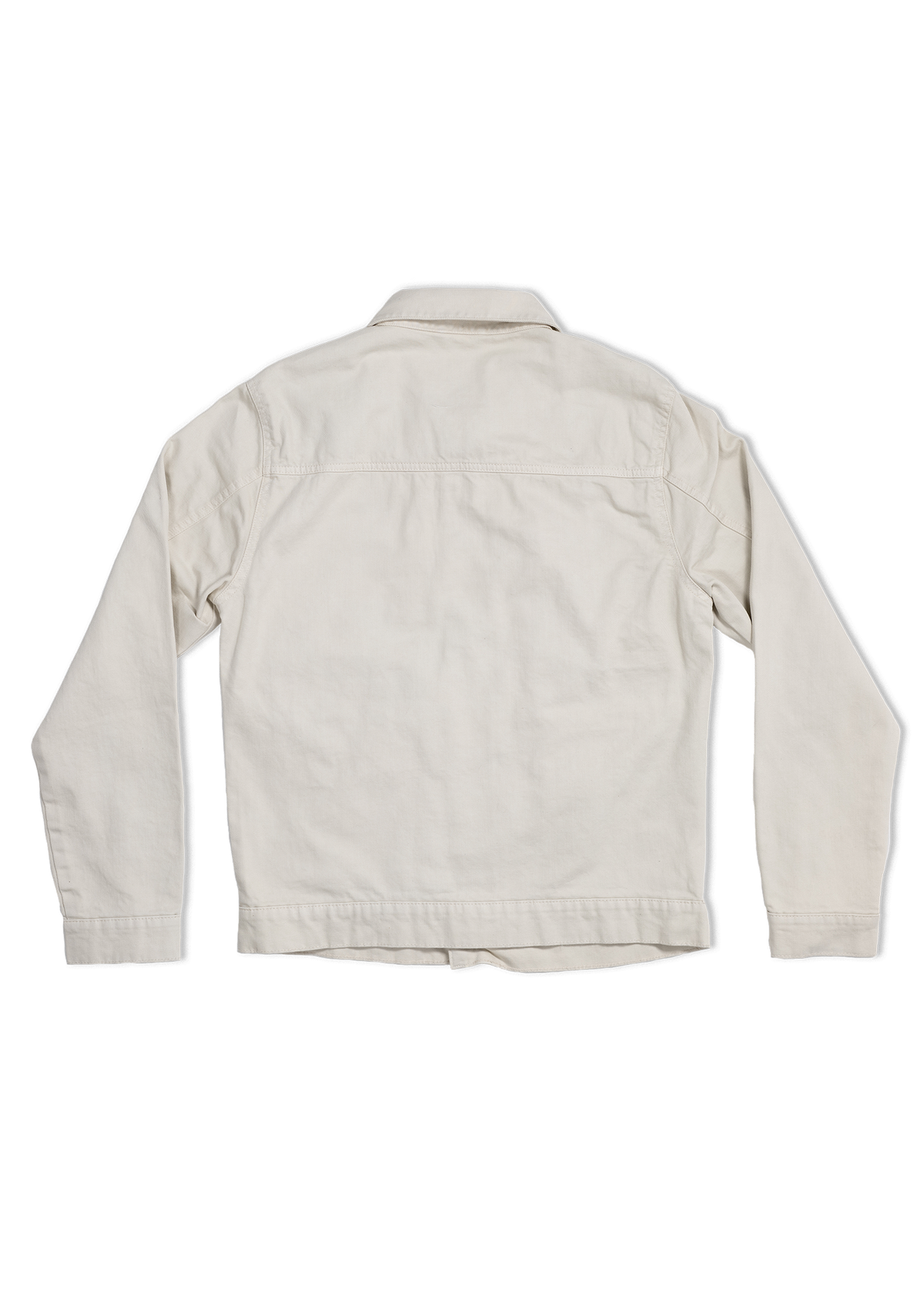 Back view of a plain, beige long-sleeve jacket with a collar, displayed on a white background.