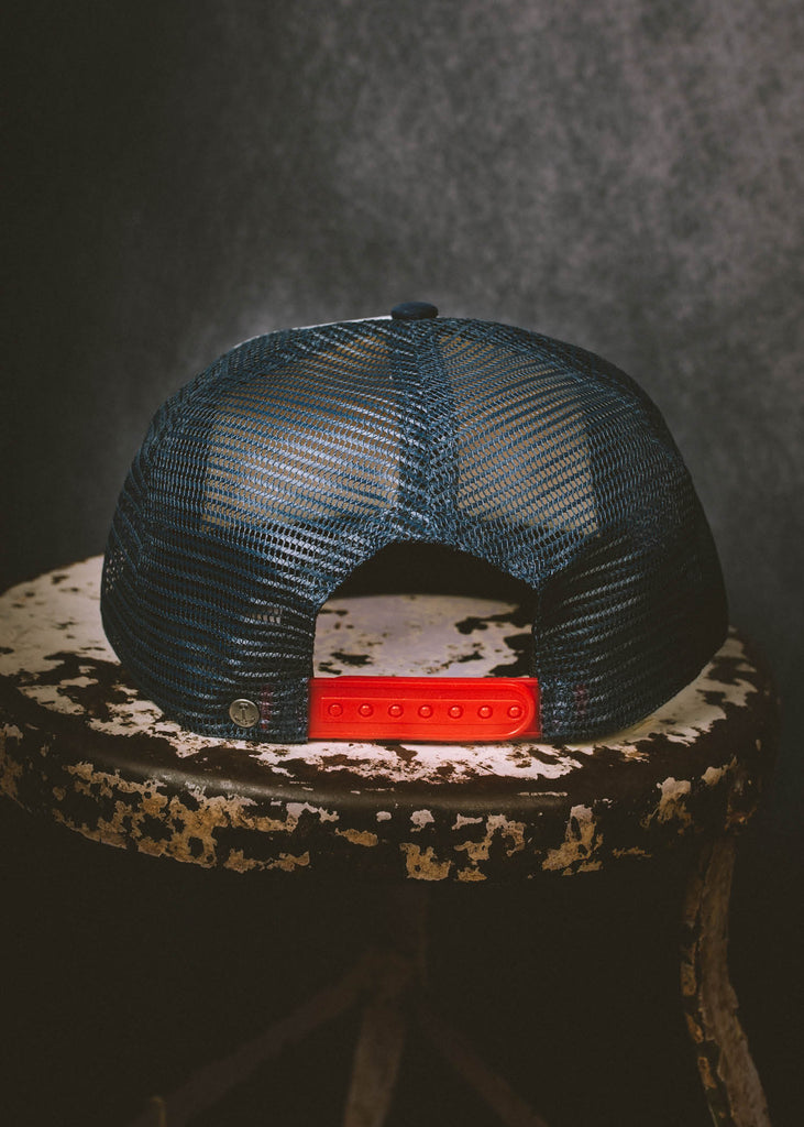 Iron & Resin Speedway Hat with Red Snapback in Navy
